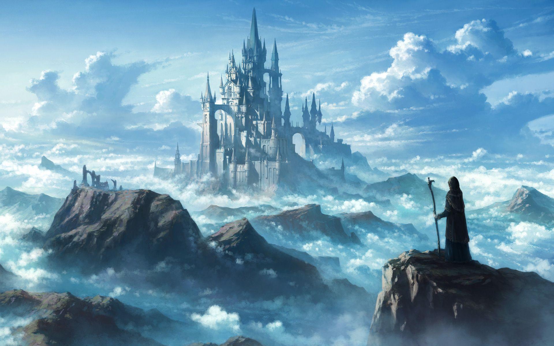 Fantasy Castle Mountains Clouds Art. The best wallpaper