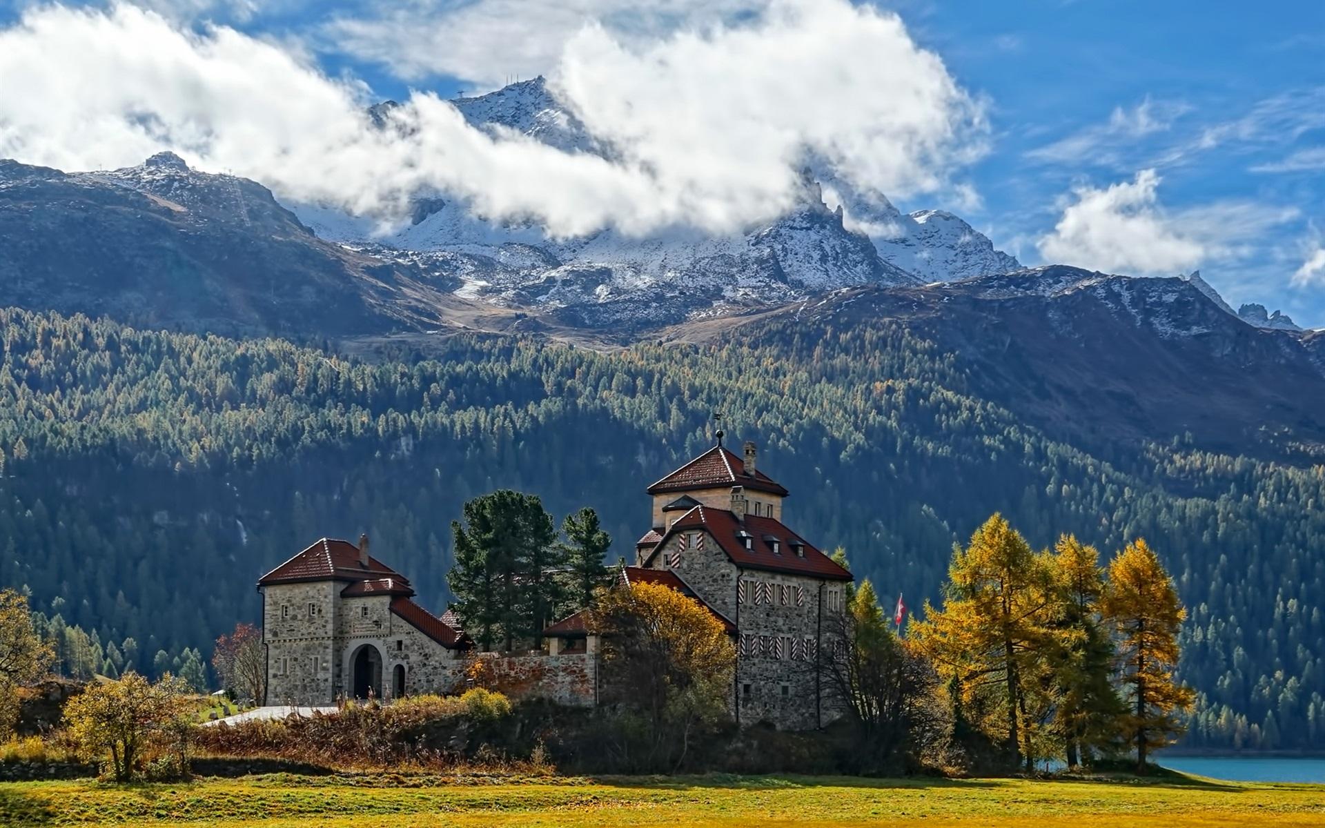 Wallpaper Switzerland, mountains, castle, clouds, trees