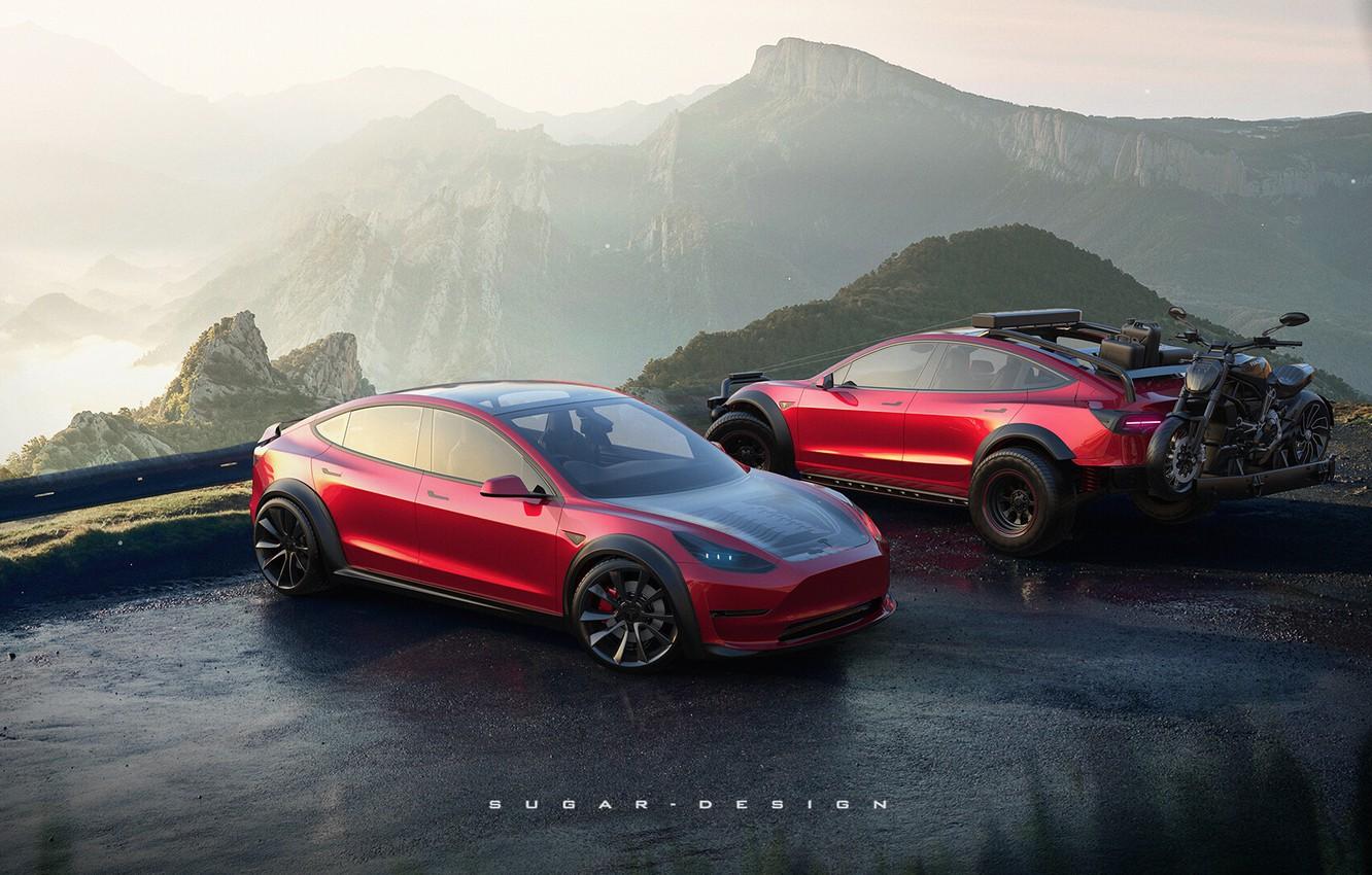 Wallpaper Red, Auto, Mountains, Machine, Motorcycle, Rendering, Transport & Vehicles, Illustratio, by Sugar Chow, Sugar Chow, Industrial Design, Electric car, Tesla Model 3 Air & Model 3X, Electric car, Tesla Model 3