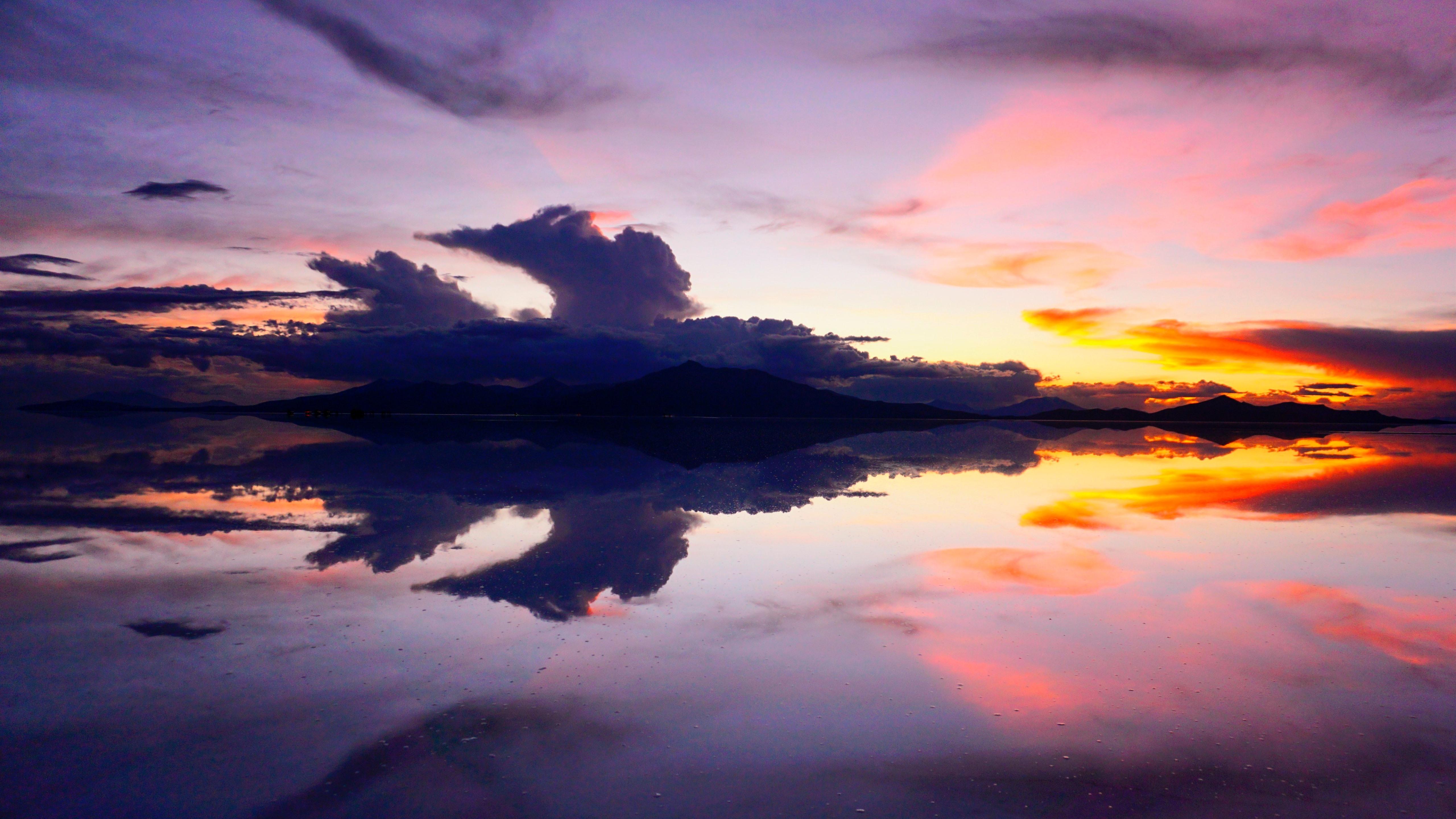 Wallpaper Lake, mountains, sunset, calm water surface