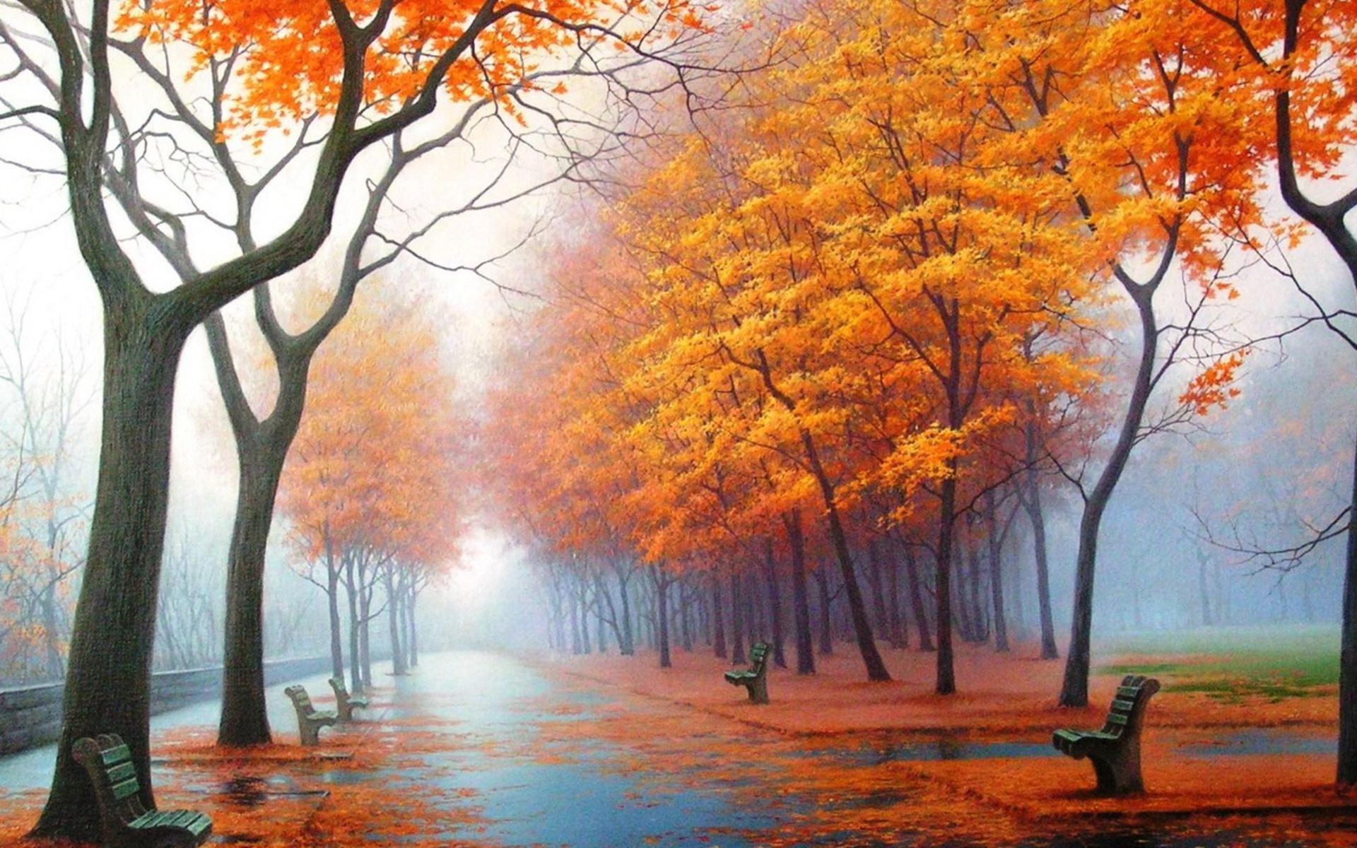 Autumn Park Avenue Benches Trees Fall Fog Desktop Wallpaper