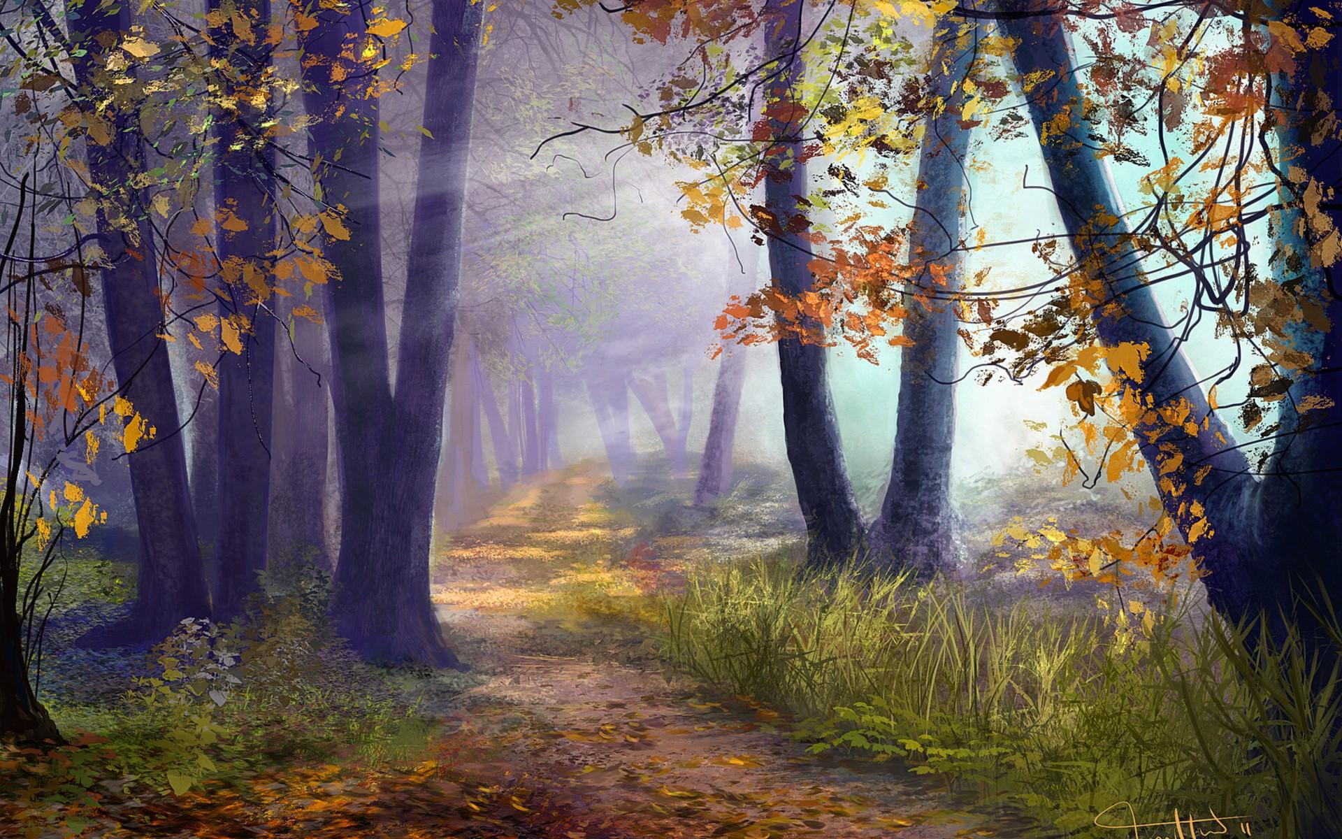 Forests Trees, Paintings, Trail, Fall, Seasons, Dual Screen