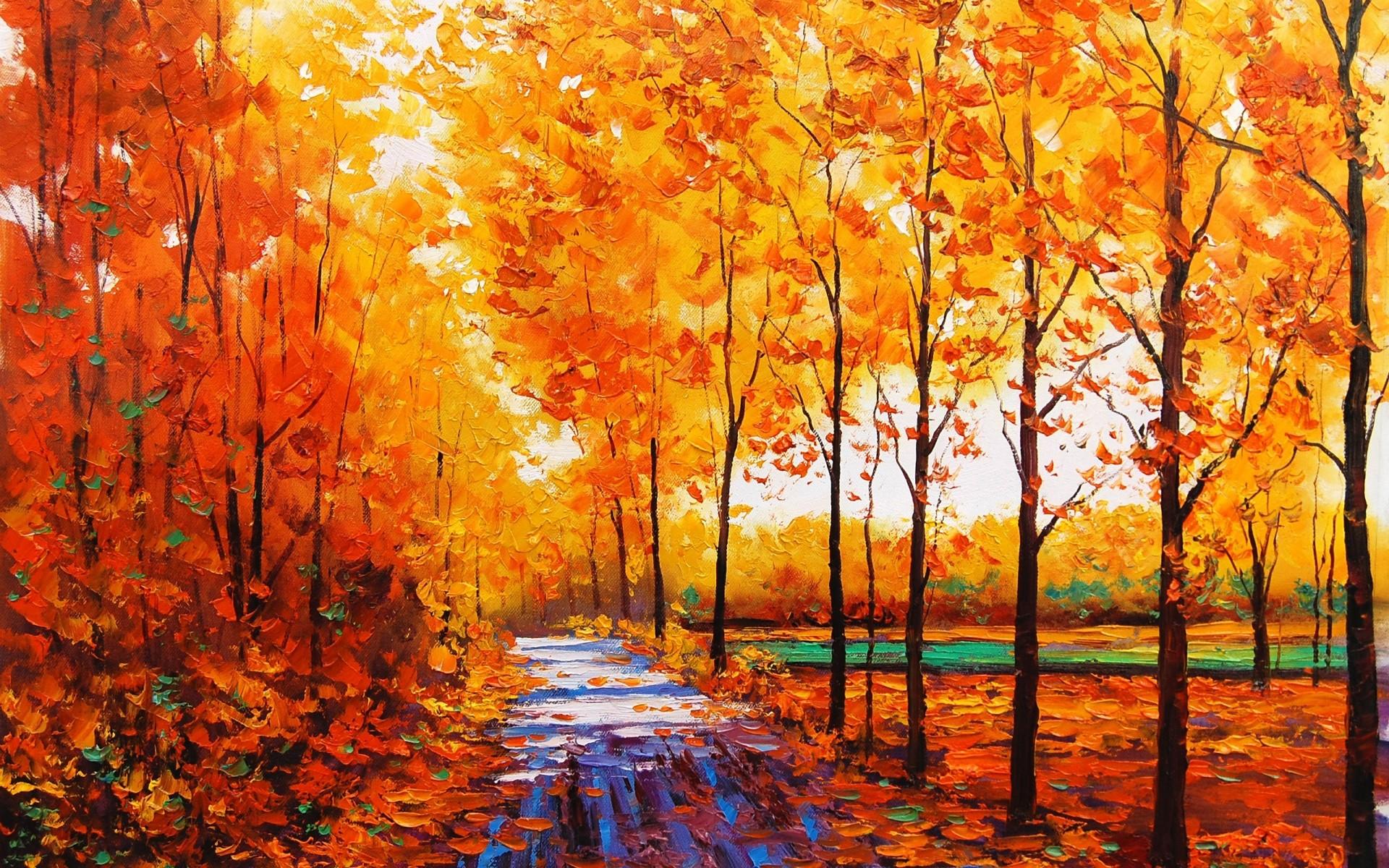 Trees, art, Nature, Forest, Sidewalk, Oil, Color, Fall