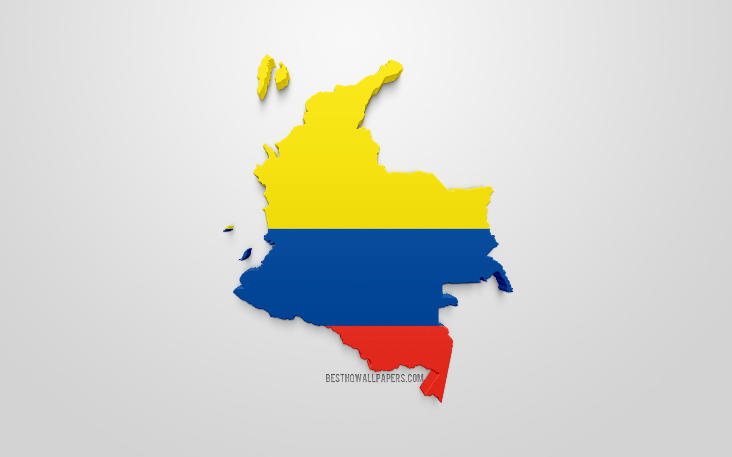 Download wallpaper 3D flag of Colombia, map silhouette