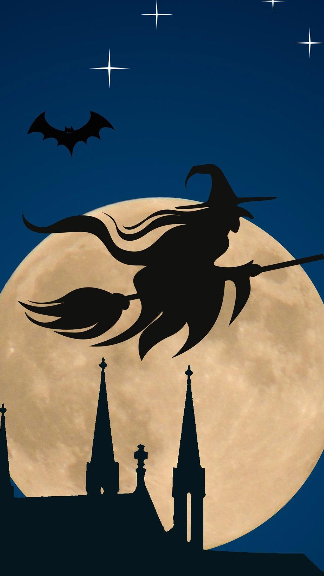 Halloween Witch Flying Broom Over Moon iPhone 6 wallpaper