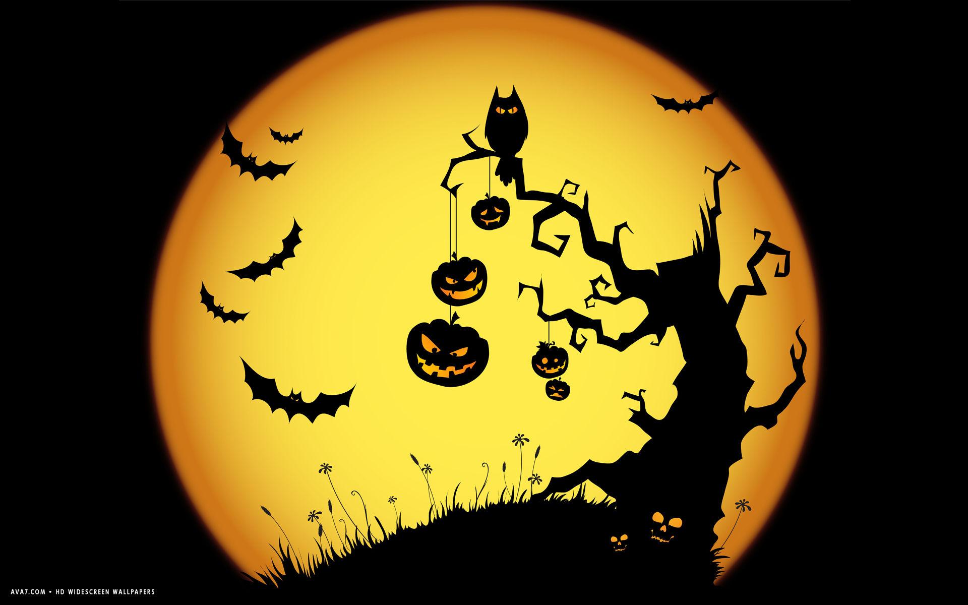 halloween scary night owl bats jack o lanterns tree yellow