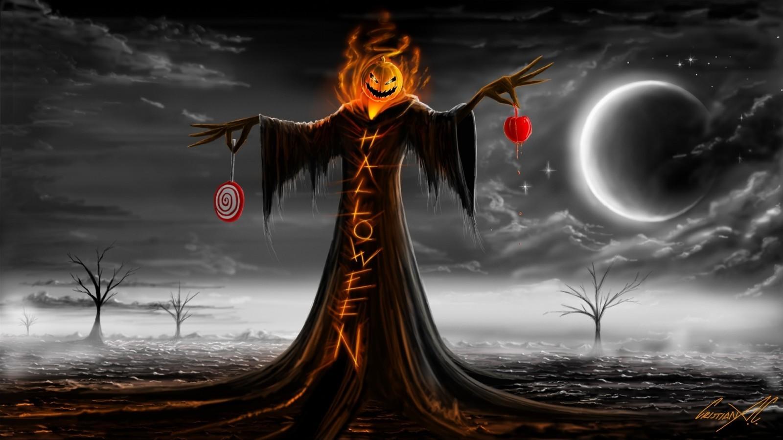 Download 1600x900 Halloween, Dark Theme, Pumpkin, Candies, Dark Moon Wallpaper