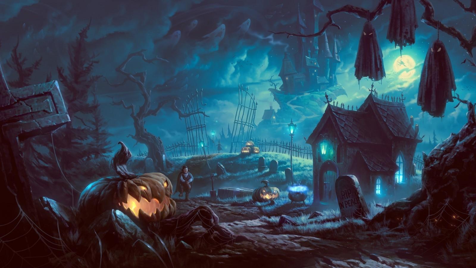 Download 1600x900 Halloween, Graveyard, Pumpkins, Vampire