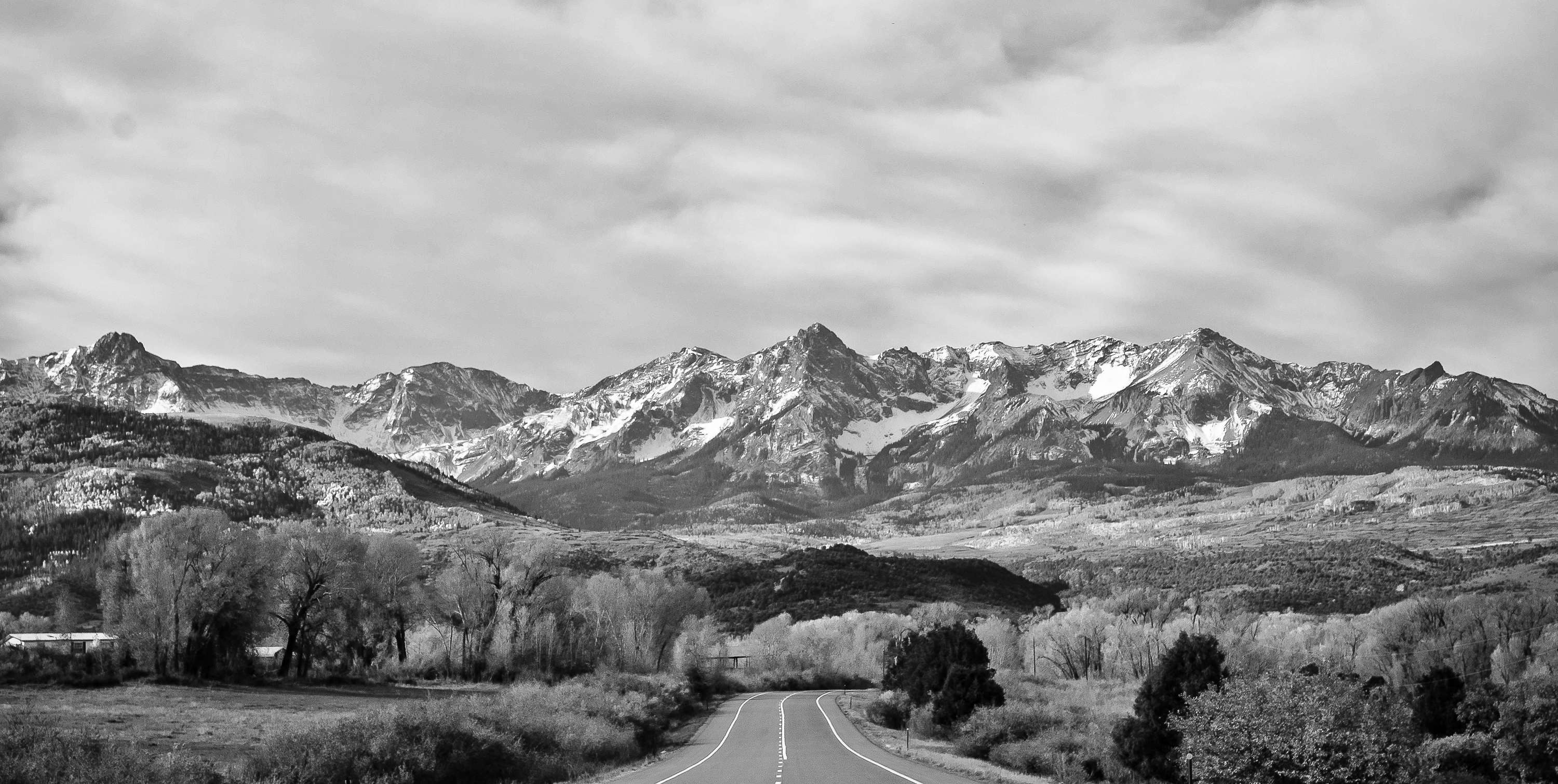 black and white, colorado, mountains, road wallpaper