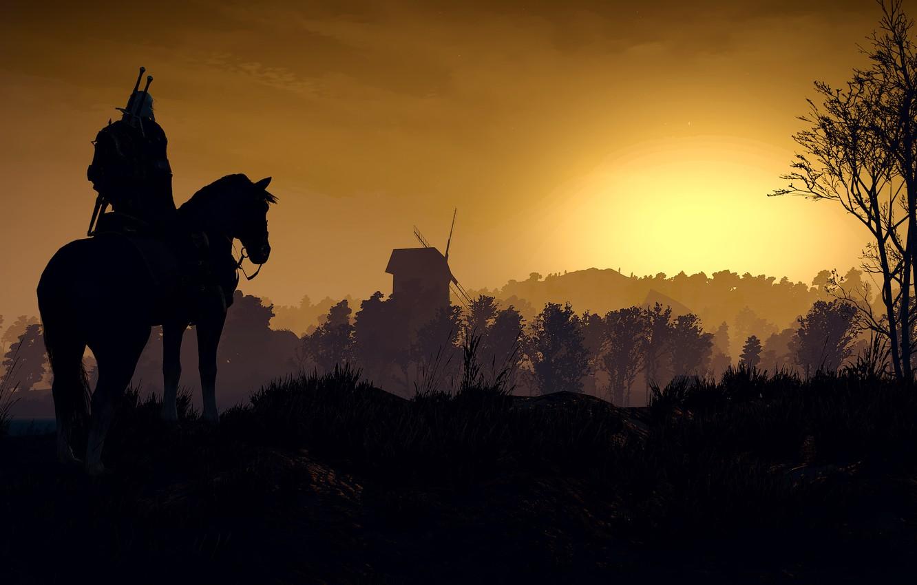 Wallpaper sunset, mill, the Witcher, Geralt, The Witcher 3: Wild