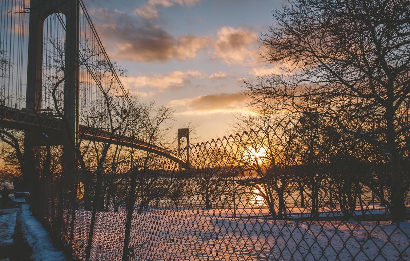 Wallpaper winter, the sun, clouds, snow, sunset, river, the fence