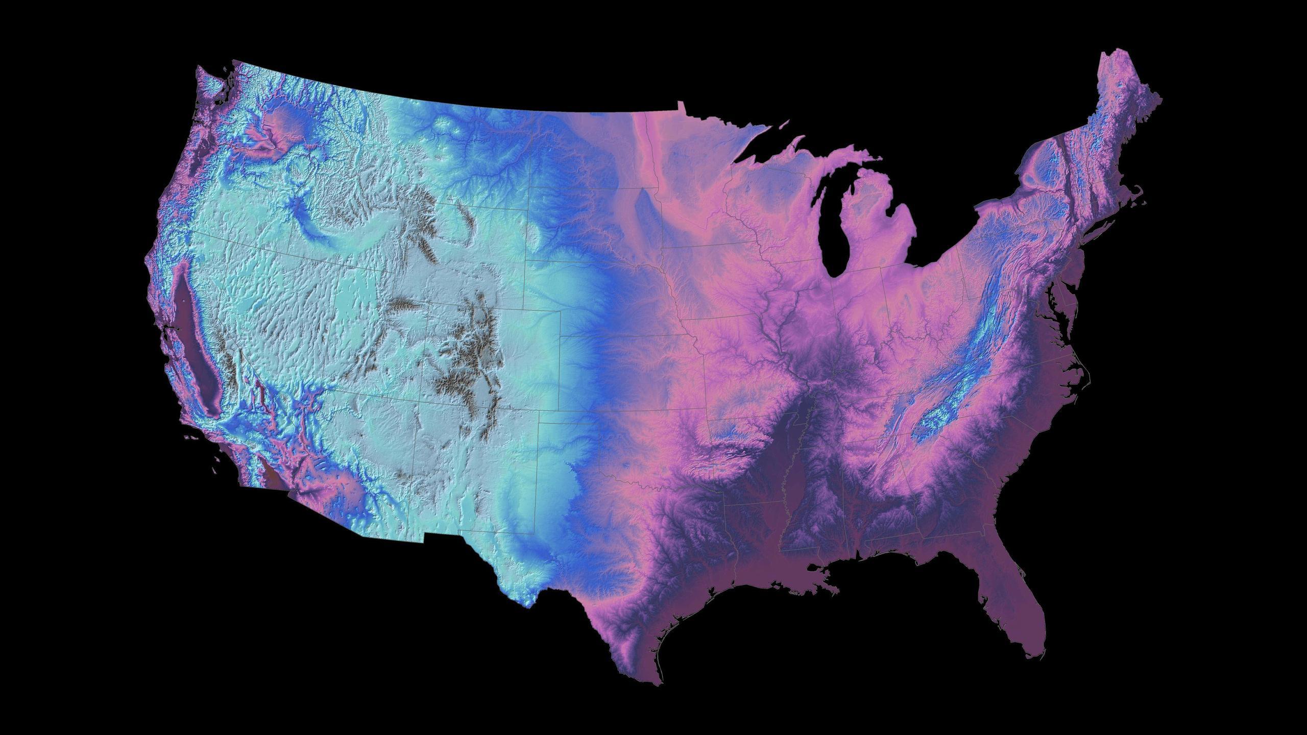 Contiguous US Digital Elevation Map Inverted colours