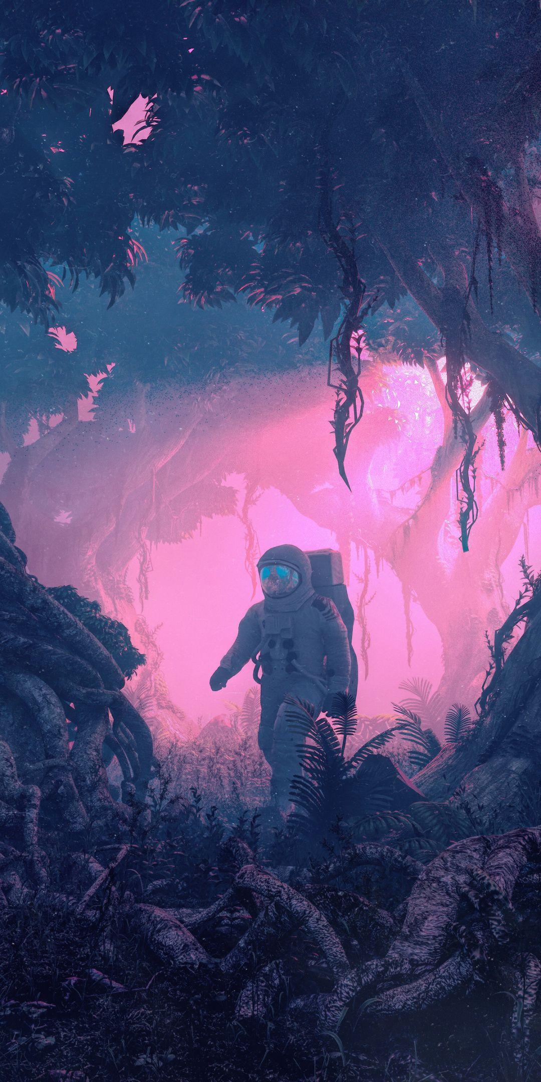 Astronaut, forest, fantasy, explorer, artwork, 1080x2160