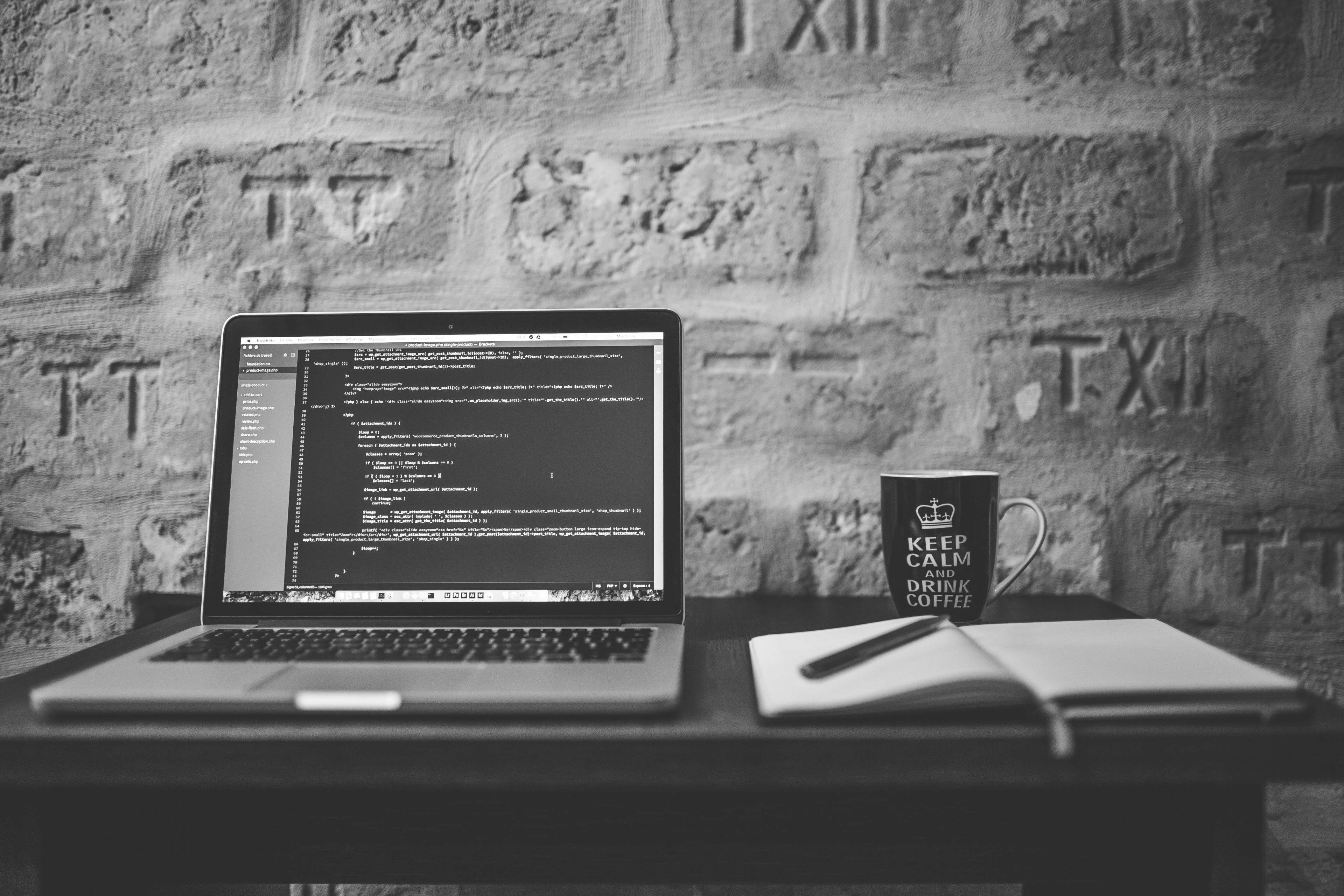 apple, black and white, brick wall, computer, cup