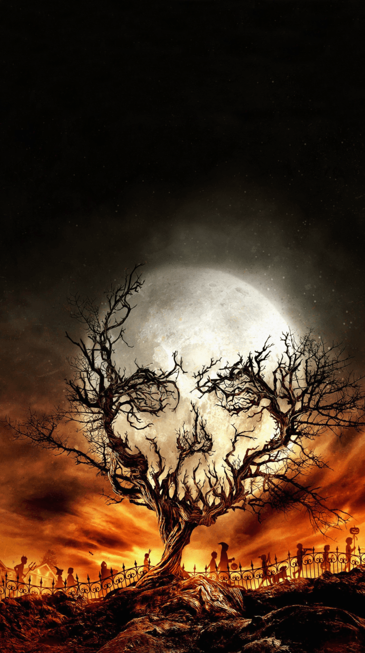 digital art, Portrait display, Nature, Trees, Skull, Moon, Stars, Spooky, Halloween, Silhouette, Imagination, Roots, Sky, Night, Branch, Optical illusion, Fence Wallpaper HD / Desktop and Mobile Background