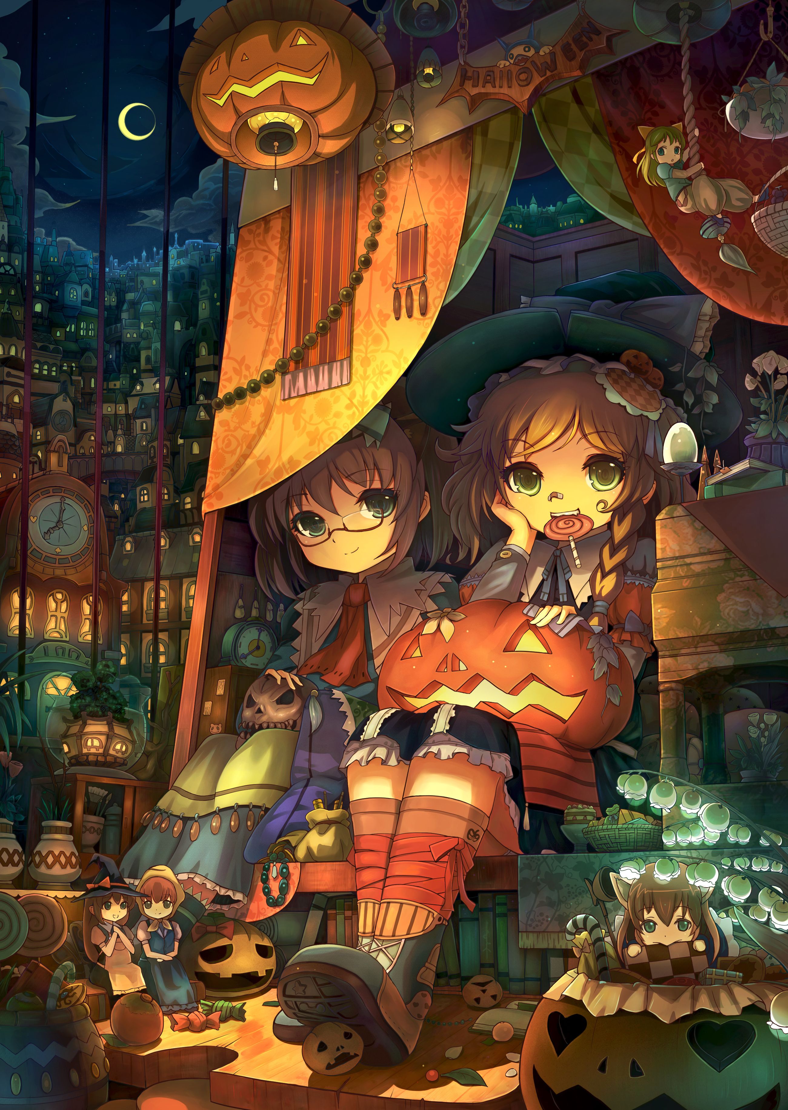 Wallpaper the sky night holiday the moon hat anime art candy  skeleton girl pumpkin witch broom halloween huazha01 images for  desktop section сёдзё  download