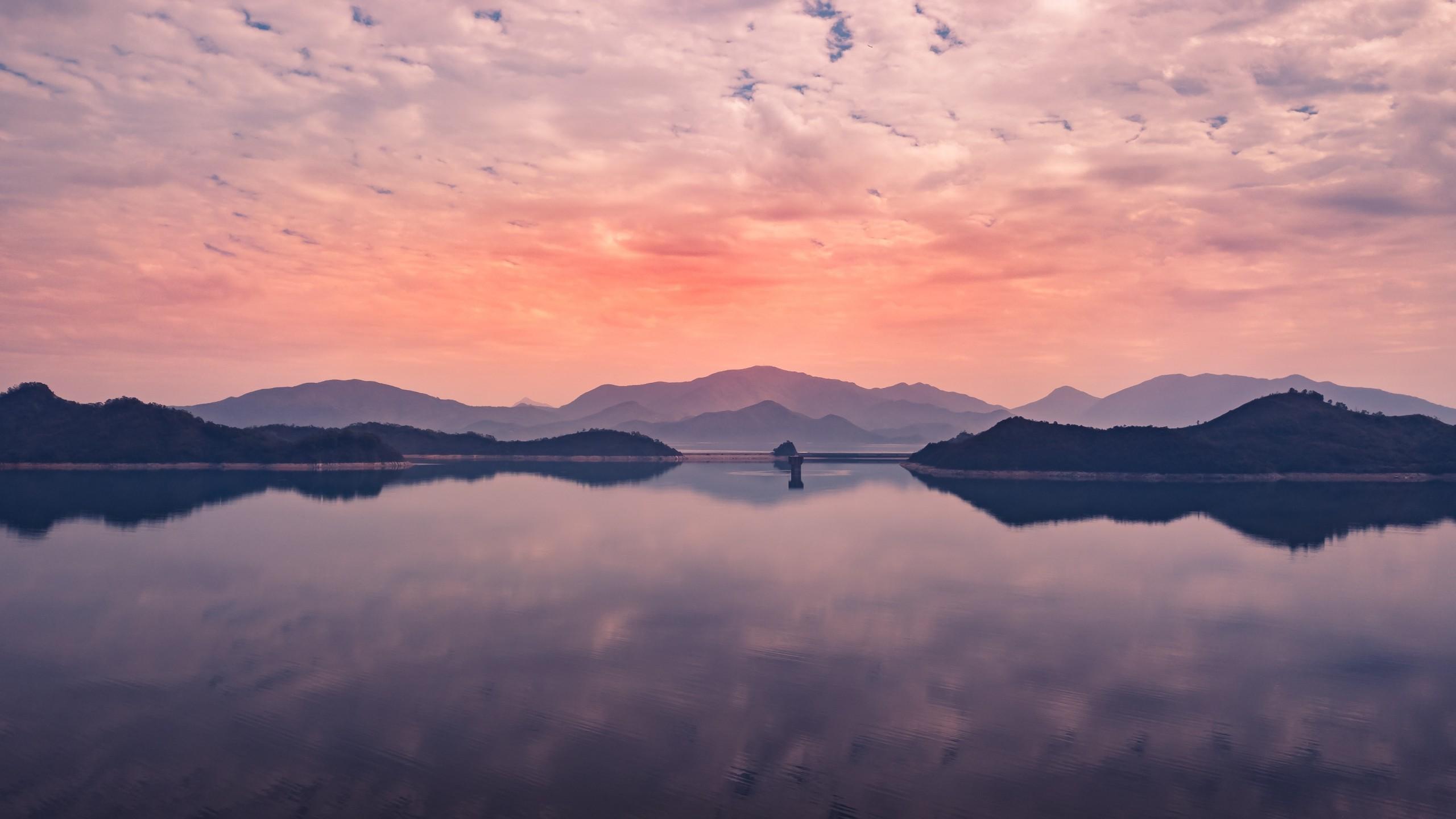 Download 2560x1440 Sunset, Lake, Reflection, Clouds, Scenic