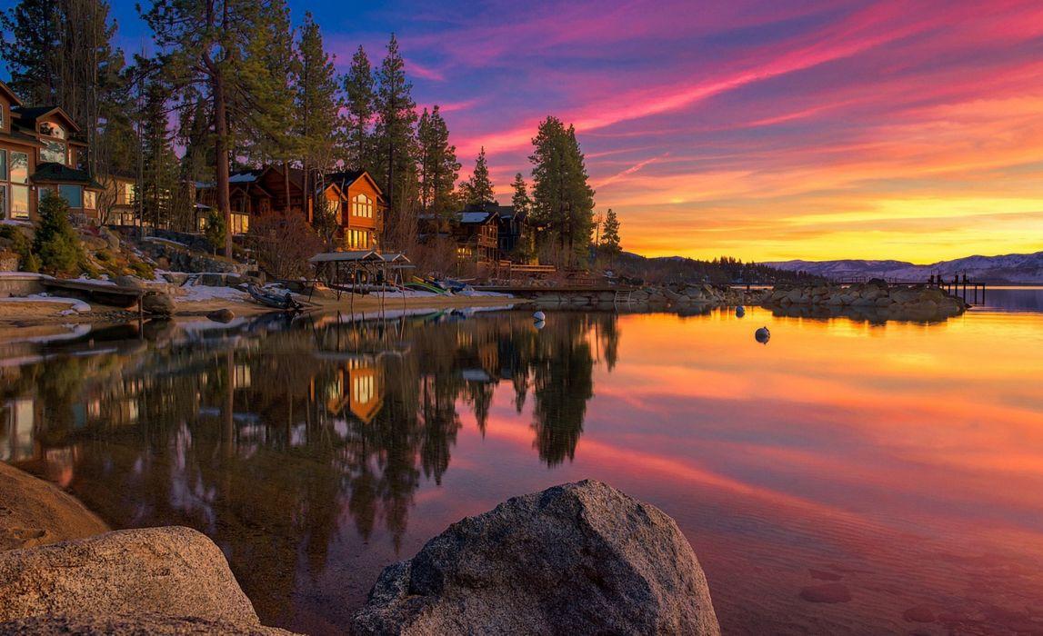 Landscape lake house rocks sunset sky clouds Lake Tahoe