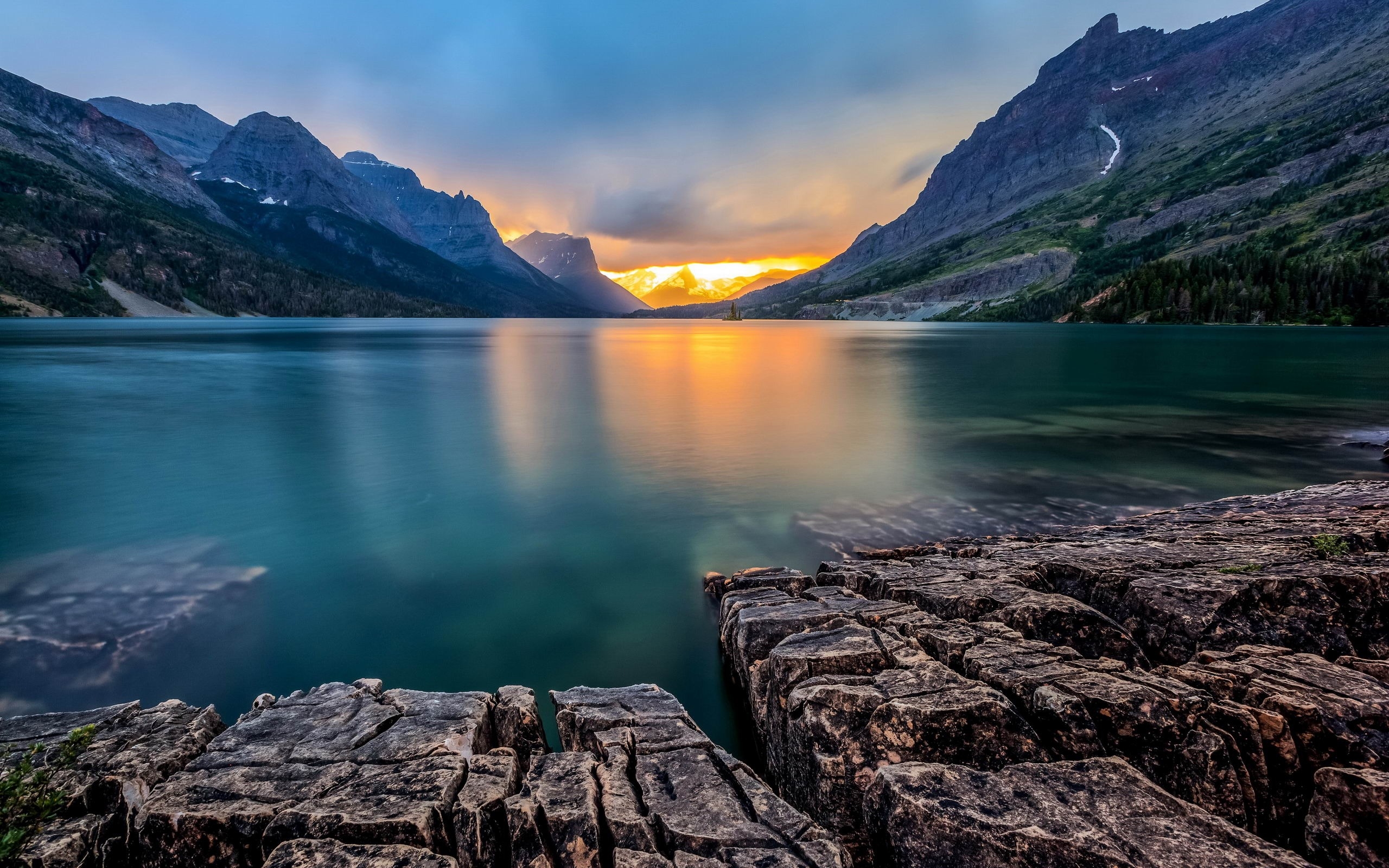 Download 2560x1600 Mountain, Sunset, Lake, Rocks, Sky