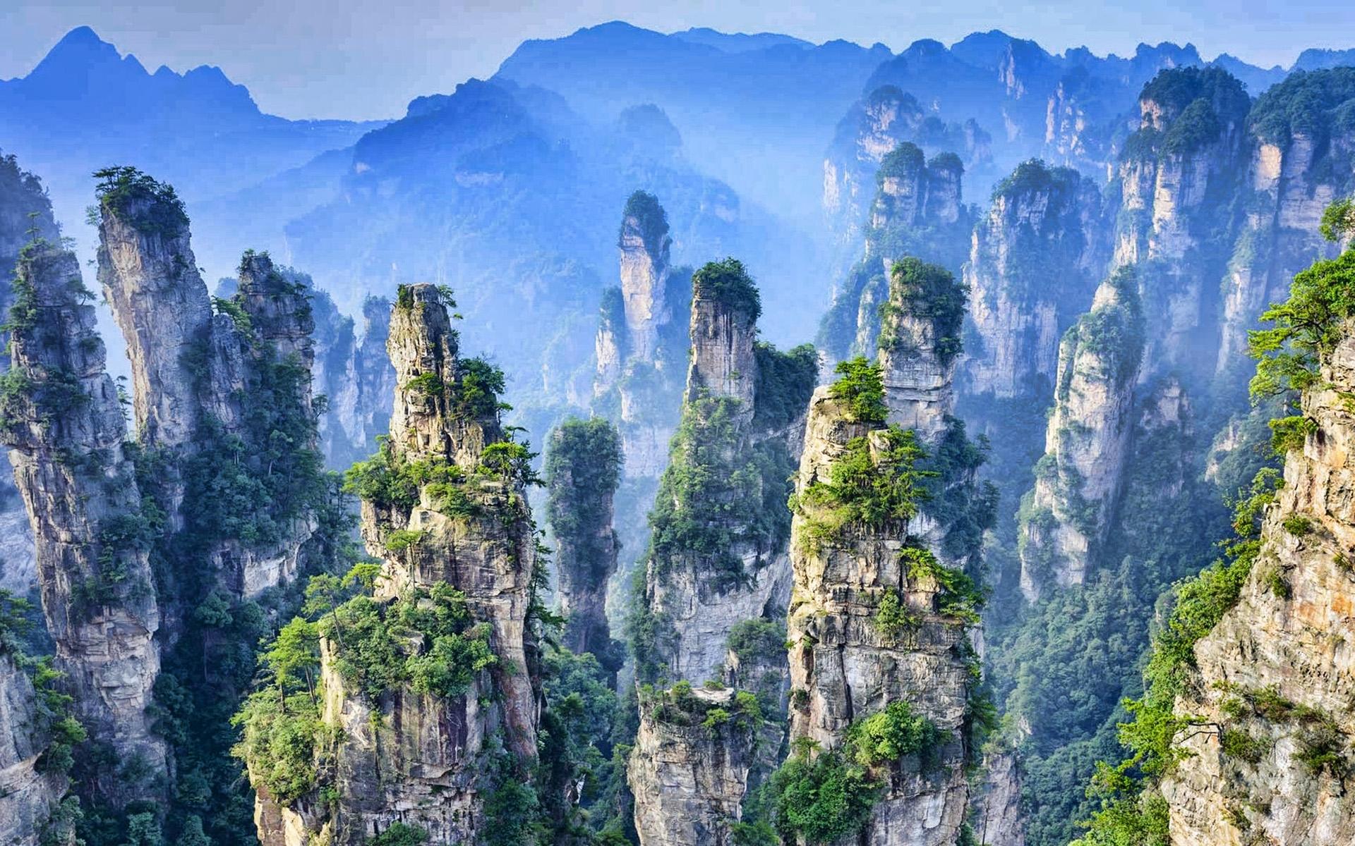 Download wallpaper Zhangjiajie National Forest Park, rocks, summer, fog, chinese landmarks, Zhangjiajie, Asia, China, HDR for desktop with resolution 1920x1200. High Quality HD picture wallpaper