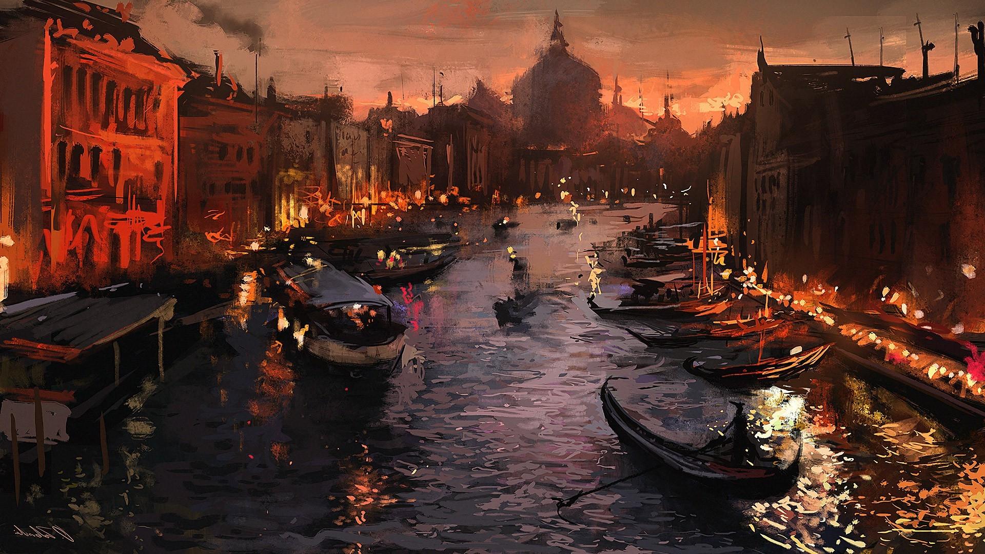 1920x1080 river venice gondolas italy artwork
