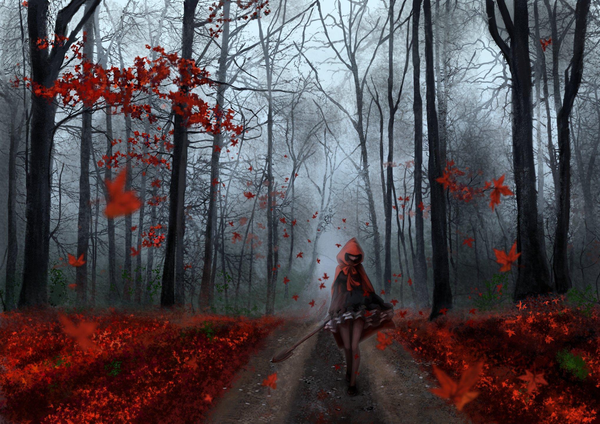 Anime girl forest autumn tree red leaf road wallpaperx1440