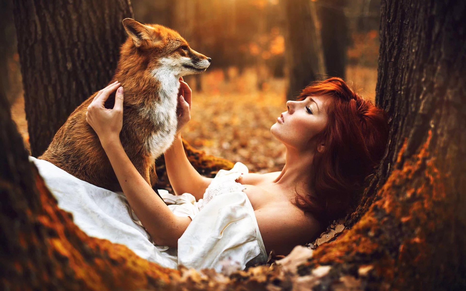 Red Haired Woman With A Red Fox In Autumn Forest HD
