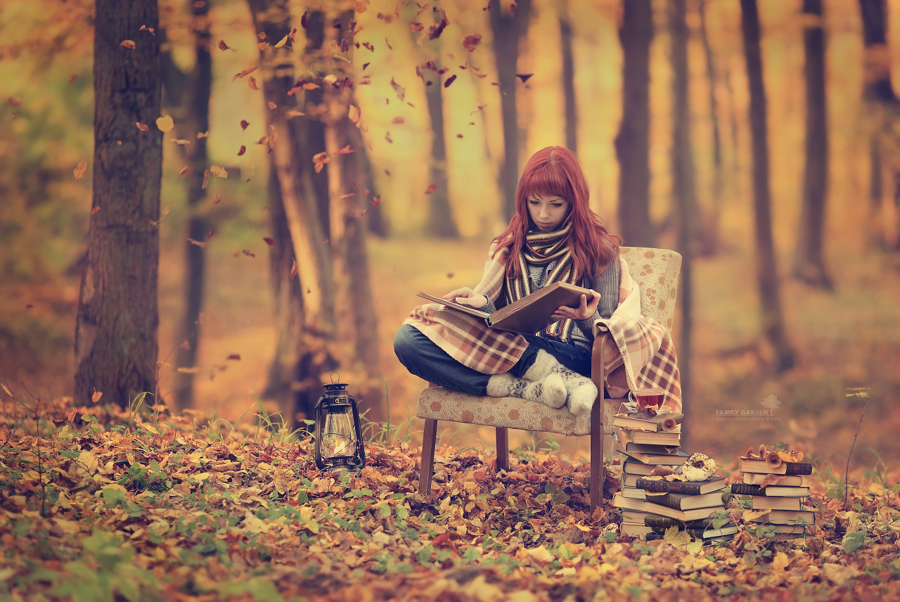 Redhead Girl Forest Autumn Books Mood HD Wallpaper. Funny