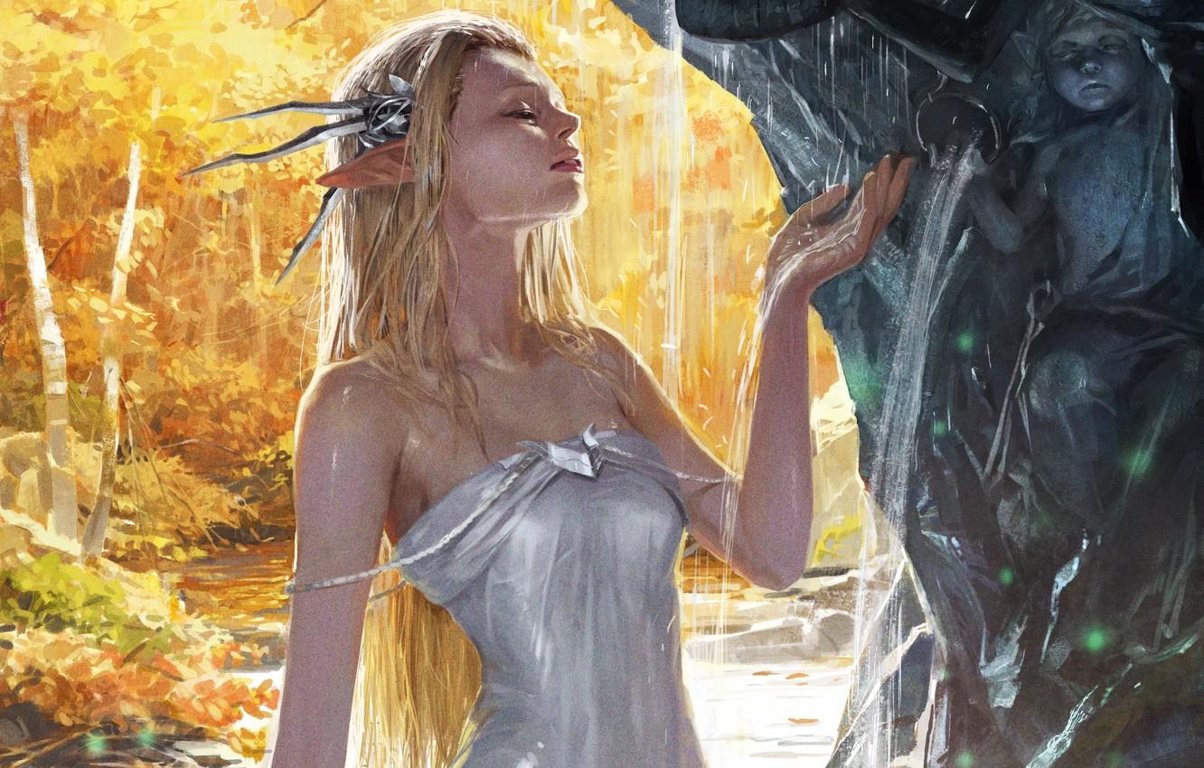 Wallpaper autumn, forest, girl, figure, waterfall, wet