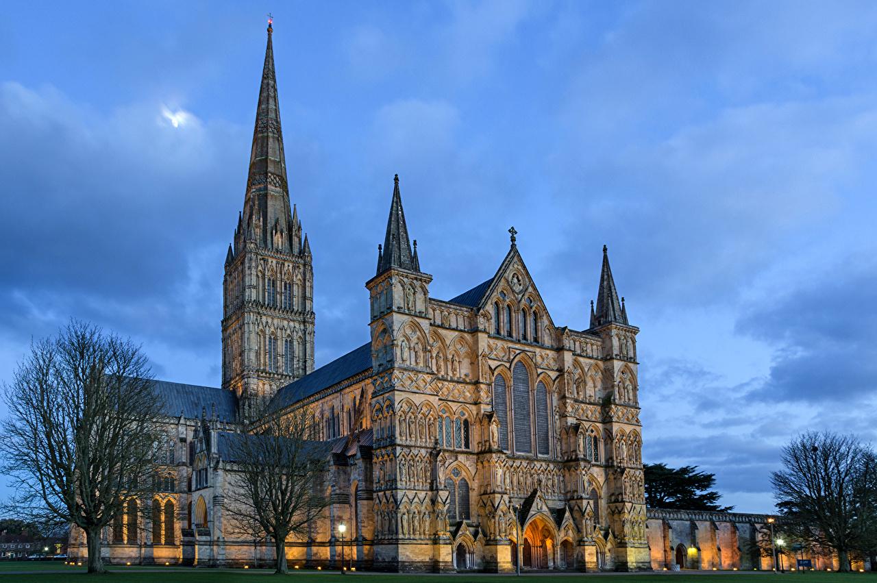 Photos England Salisbury Cathedral Wiltshire Sky Temples Cities