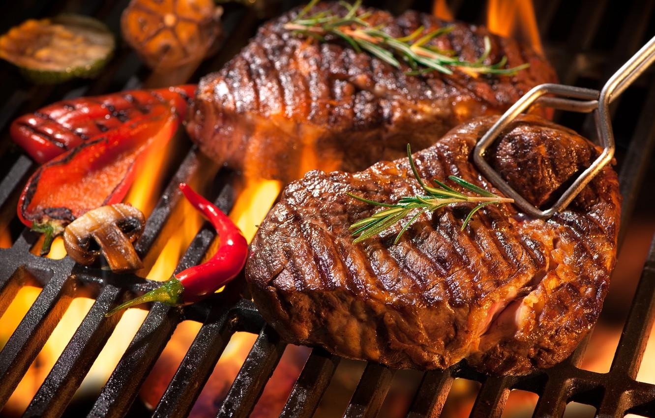 Wallpaper fire, meat, vegetables, steak, grill image