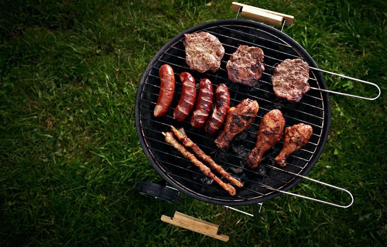 Wallpaper grass, sausage, chicken, meat, BBQ, steak, grill