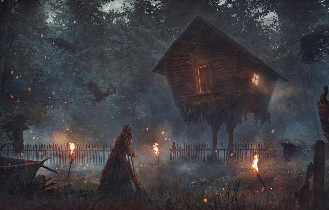 Wallpaper forest, house, Baba Yaga, Hut on chicken legs
