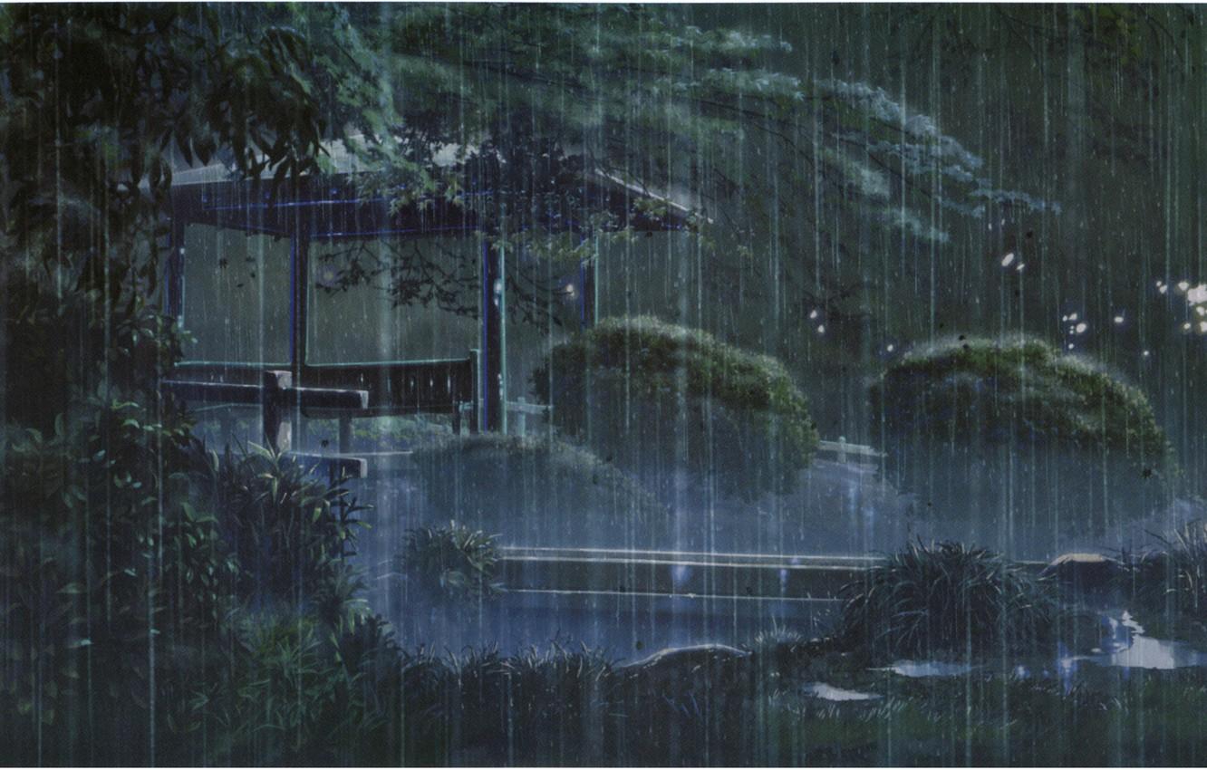 Wallpaper bench, Park, rain, the evening, gazebo, the shower, kotonoha no niwa, garden of fine words, by makoto shinkai image for desktop, section сёнэн