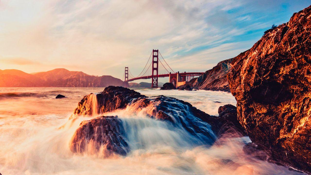 Wallpaper Golden Gate Bridge, Landscape, Long exposure, Dusk