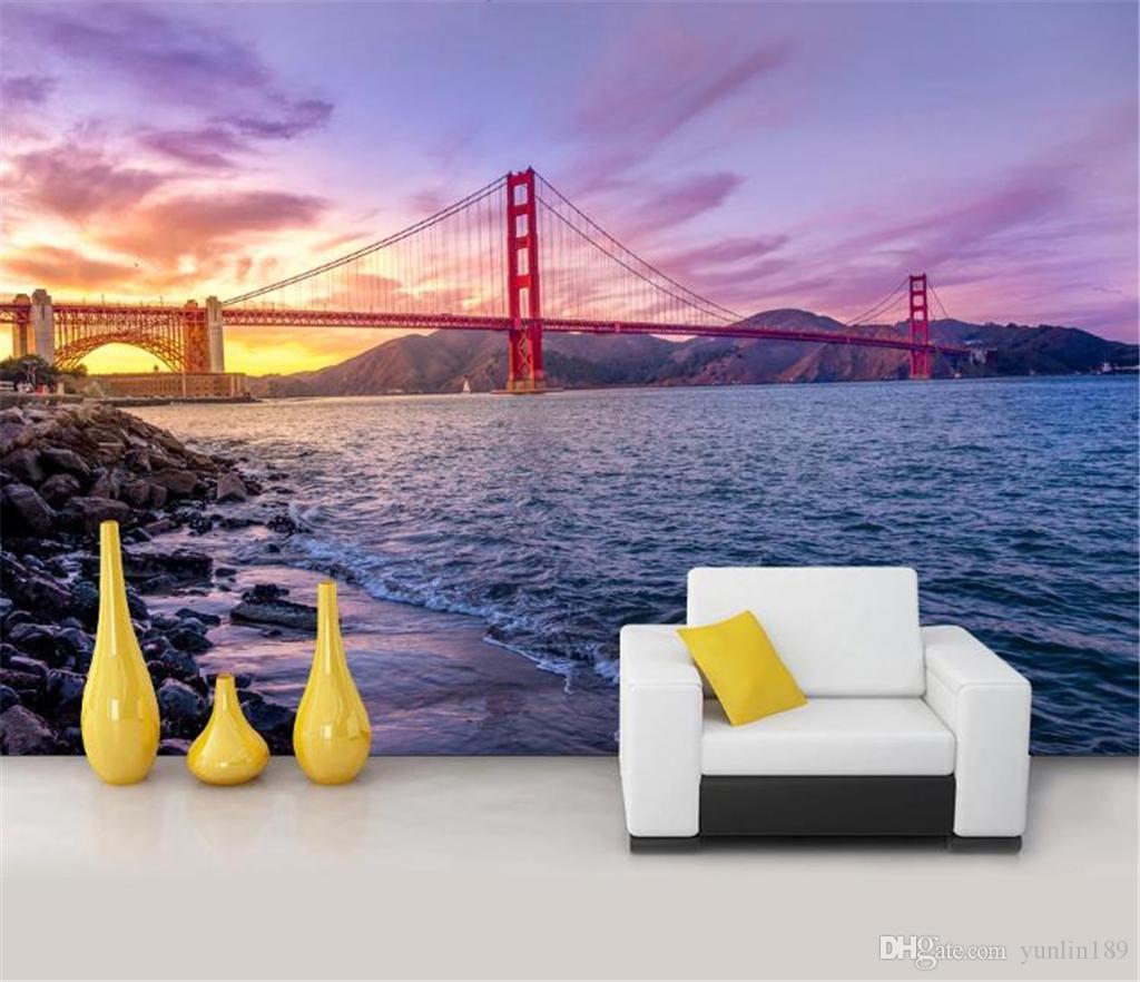 3D Wallpaper Beautiful romantic American Golden Gate Bridge architectural landscape wall
