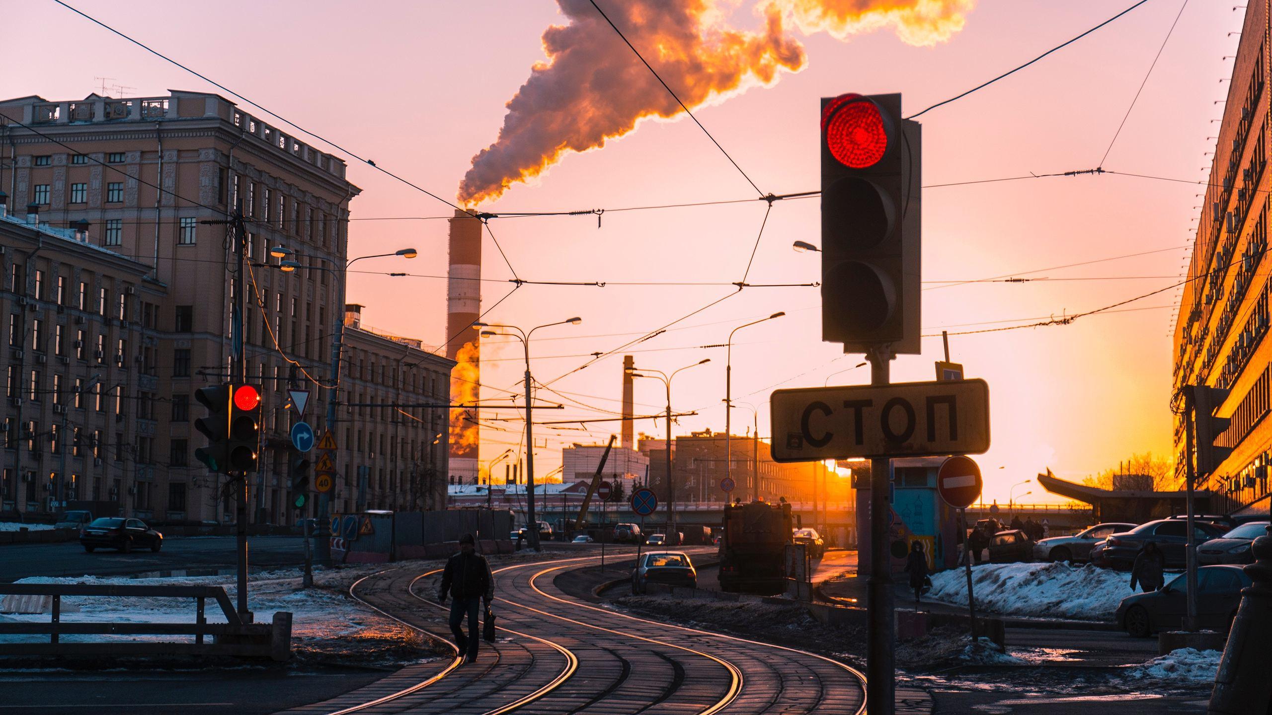Morning City Traffic Lights Smoke Train Industry
