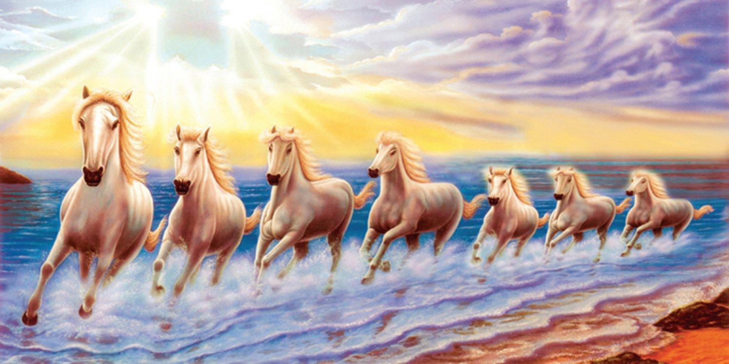 INCLUDE White 7 Horse Running Natural Vastu Painting Wallpaper (Vinyl, 30x18 inches, Multicolour): Amazon.in: Home & Kitchen