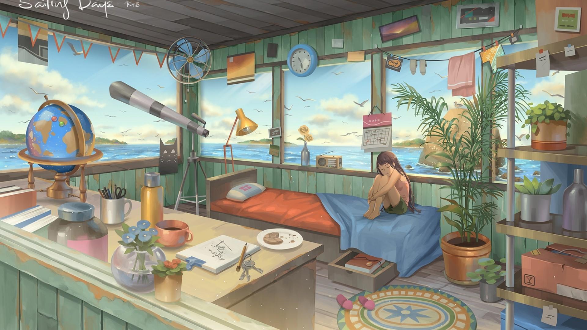 Download 1920x1080 Room, Ocean, Relax, Anime Girl, Sailing Days
