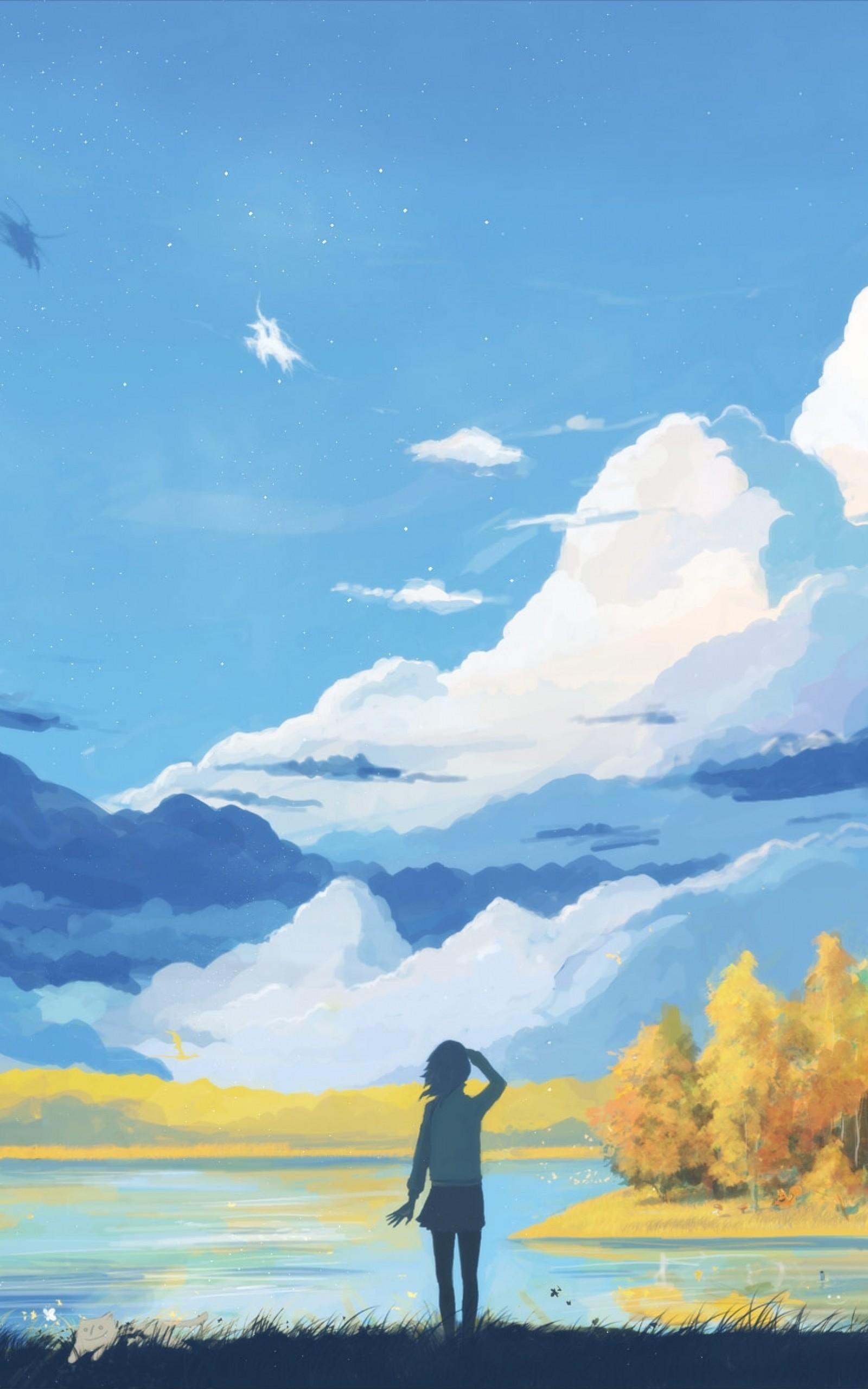 Download 1600x2560 Anime Landscape, Girl, Mountain, Relaxing