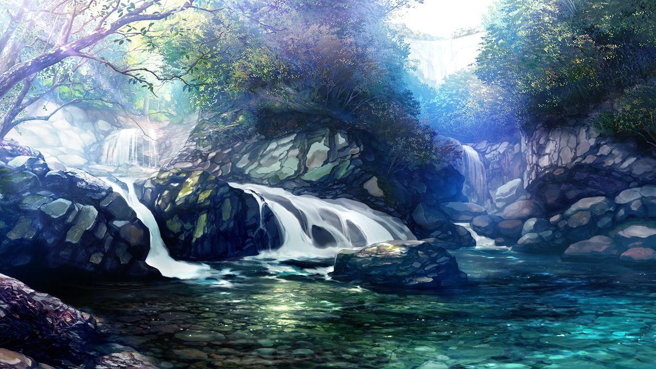 Lake Views An Anime Setting With A Beautiful View Of And Waterfall  Backgrounds | JPG Free Download - Pikbest