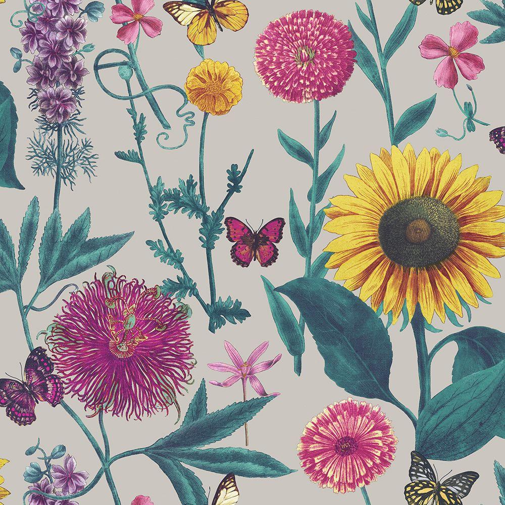 Summer Garden Grey Multi. Wallpaper. Multicoloured