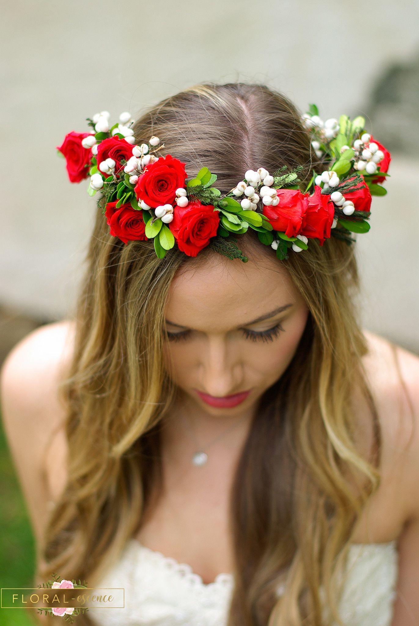 Gorgeous red rose flower crown with white tallow berries is