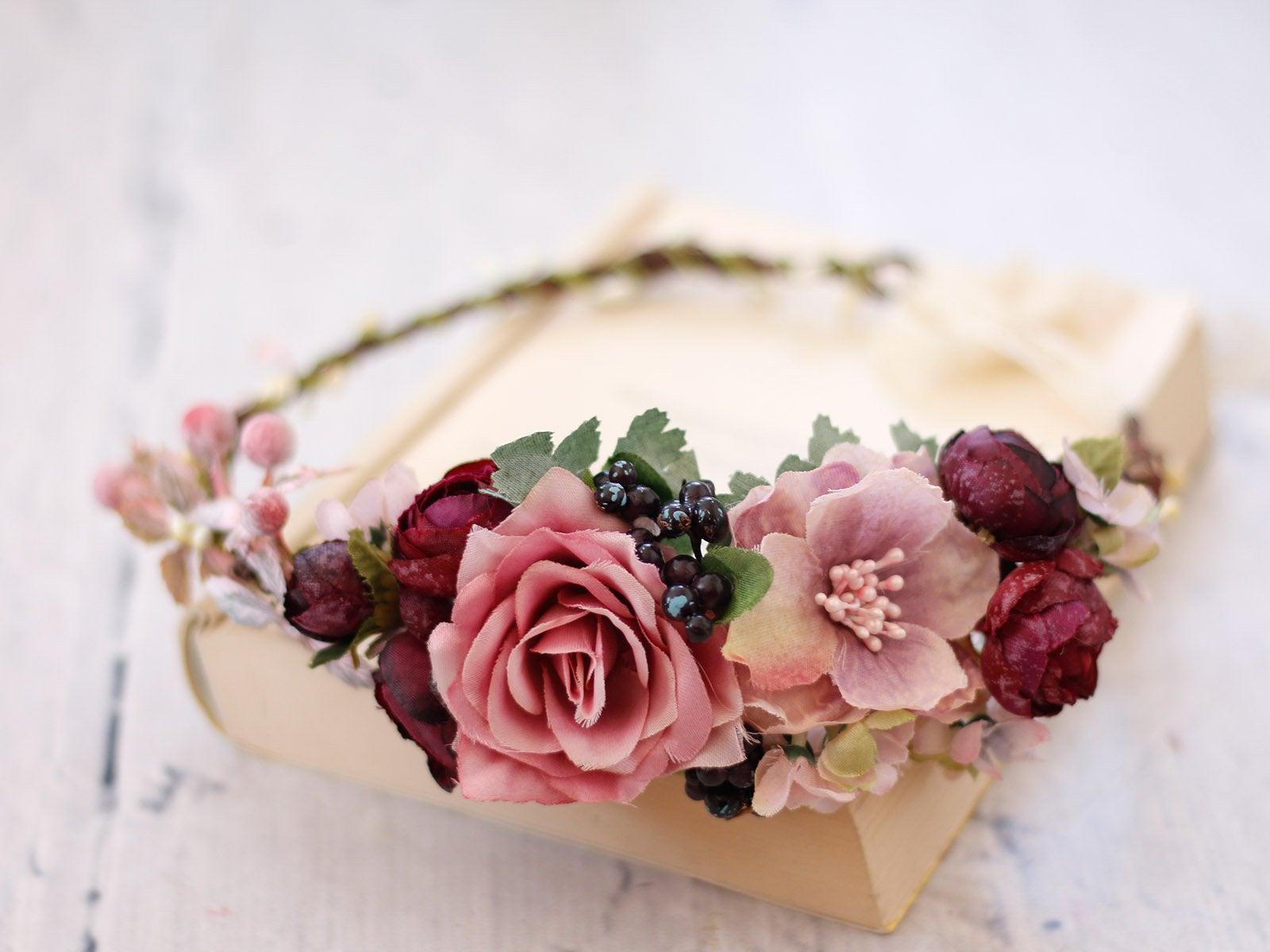Wedding Flower Crown, Purple Flower Crown for Photohoot, Burgundy Flower Crown, Marsala Floral Bridal Headpiece, Bohemian Headband