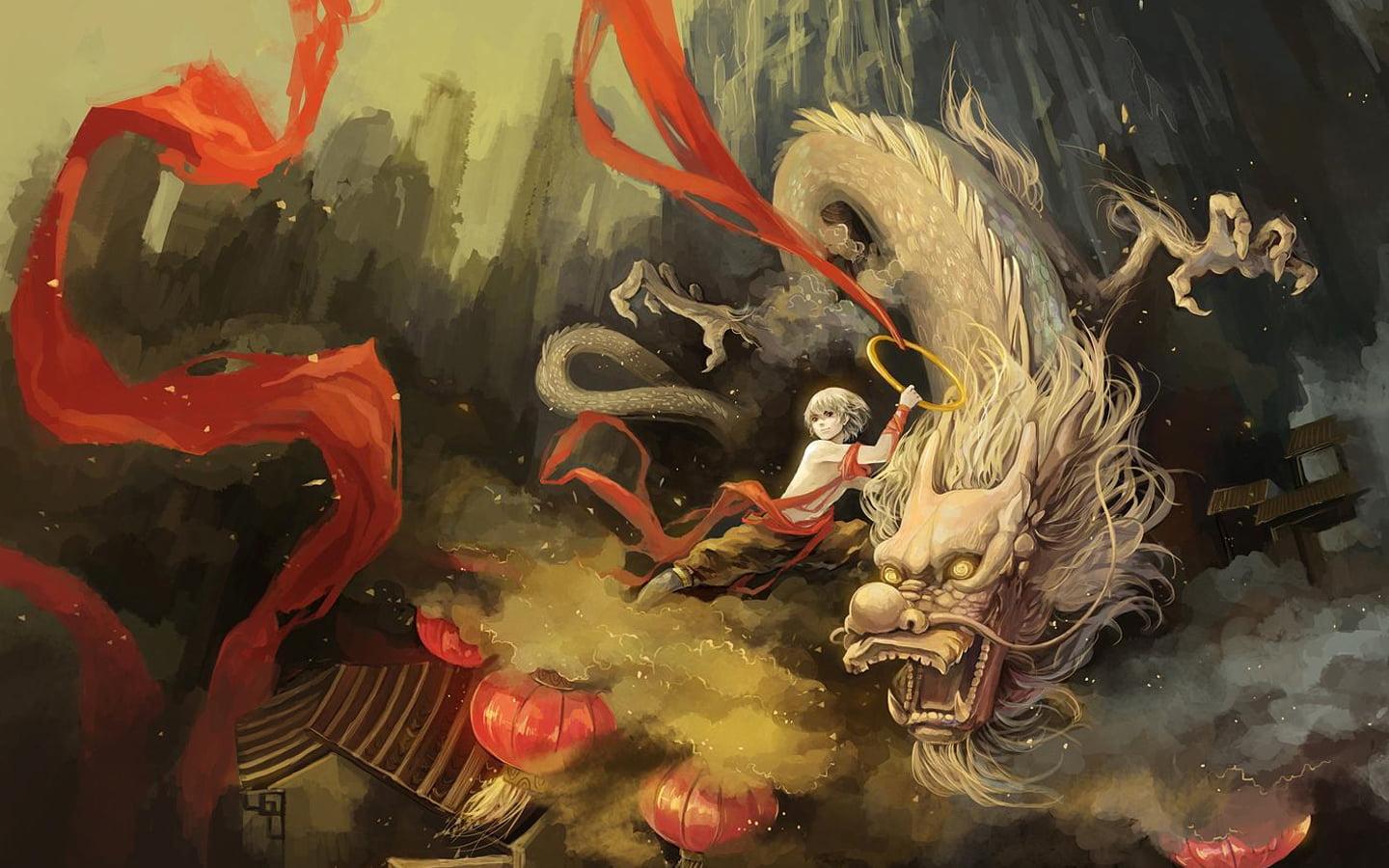 Painting of man and lindwurm dragon, chinese dragon, Nezha