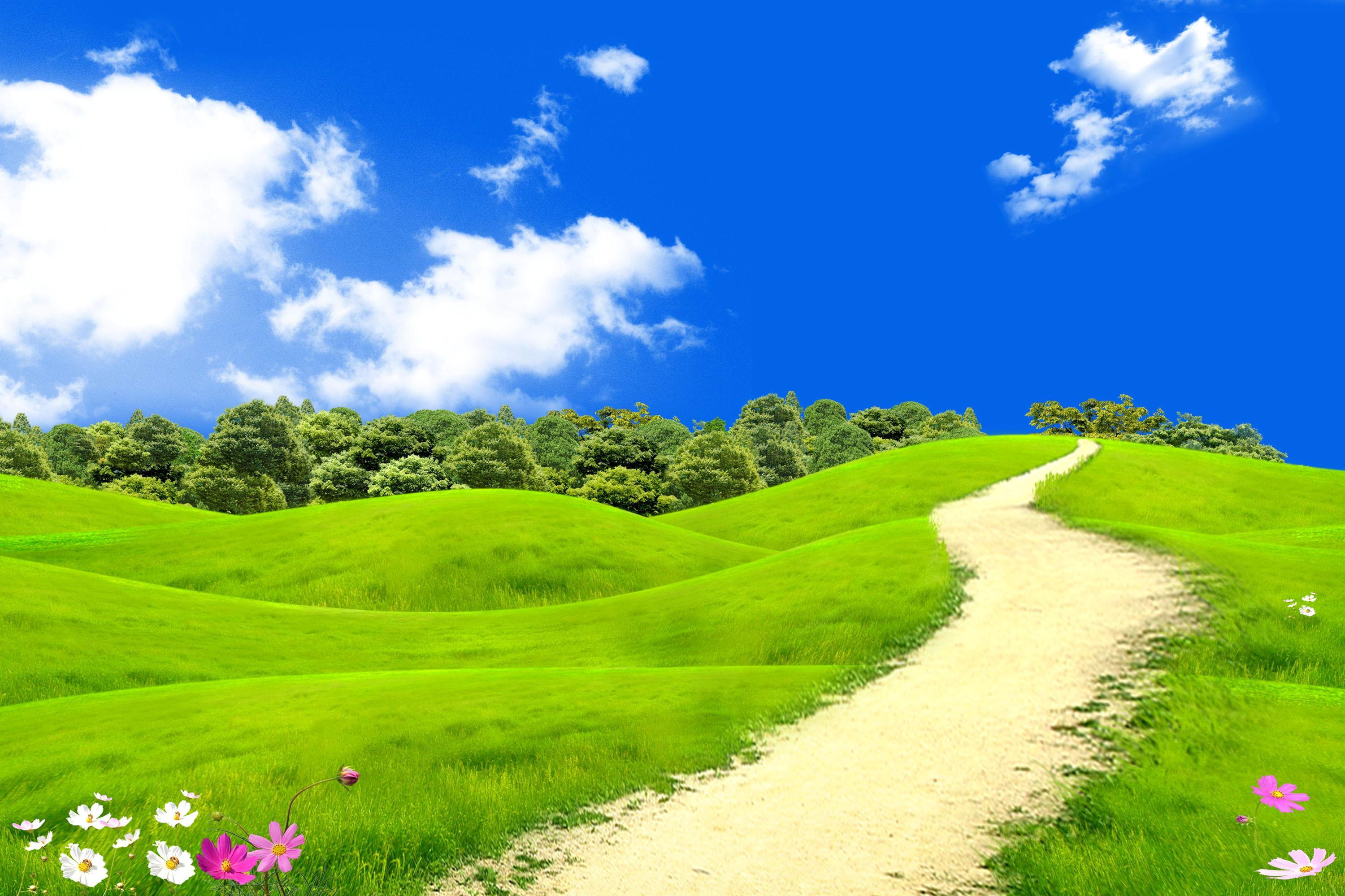 Wallpaper Green landscape, Blue sky, HD, Nature