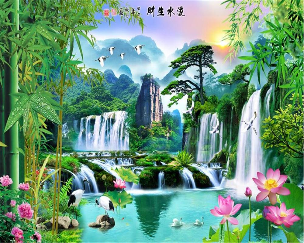 US $8.85 41% OFF. Beibehang 3D Wallpaper Nature Painting Bamboo Lotus Welcoming Pine Scenery Landscape Water TV Background Wall Mural 3D Wallpaper In