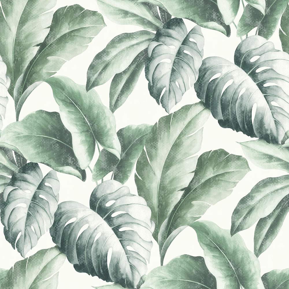 Tropicana Floral Leaf Wallpaper, Ivory, Green ILW2703