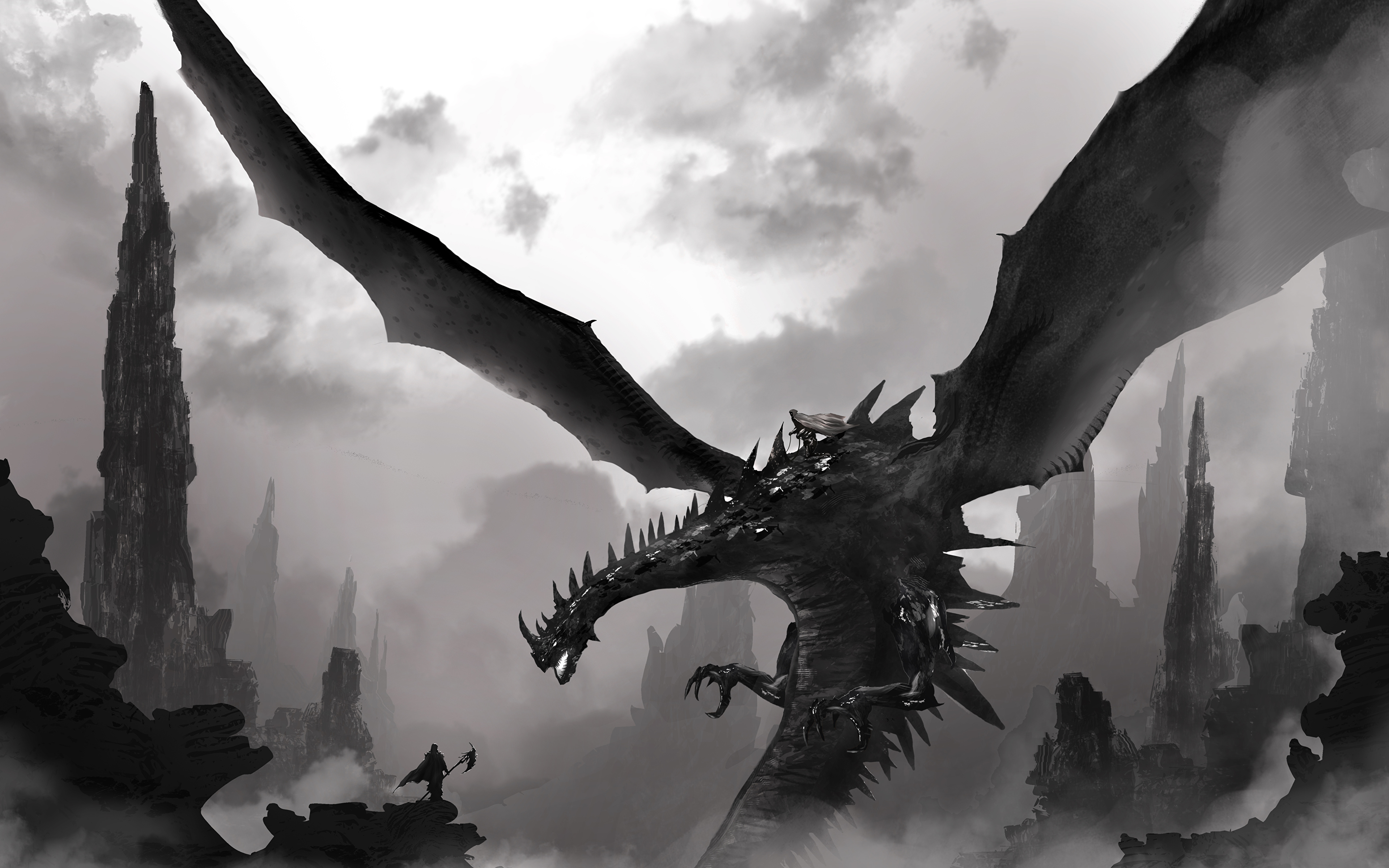 Desktop Wallpaper Dragons Wings Fantasy Black and white