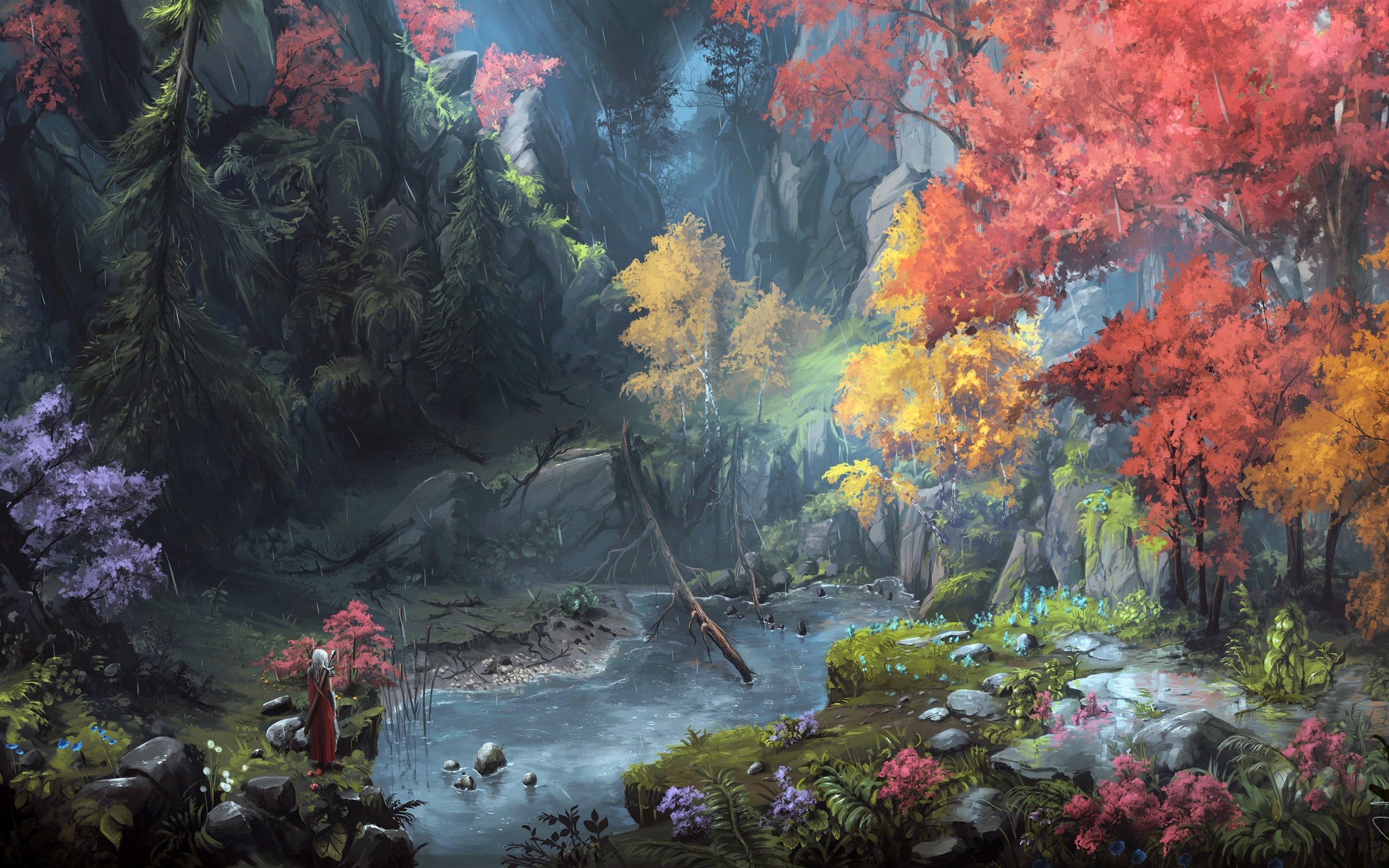 Wallpaper Fantasy art painting, mountains, trees, autumn 2560x1600 HD Picture, Image